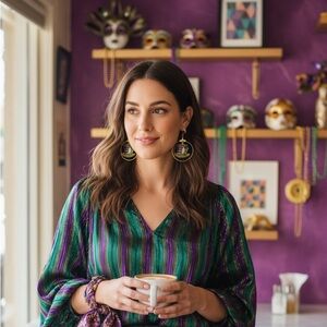 Mardi Gras “Top Hat w/ 2 Feathers” Charm Hoop Earrings ~ 30mm